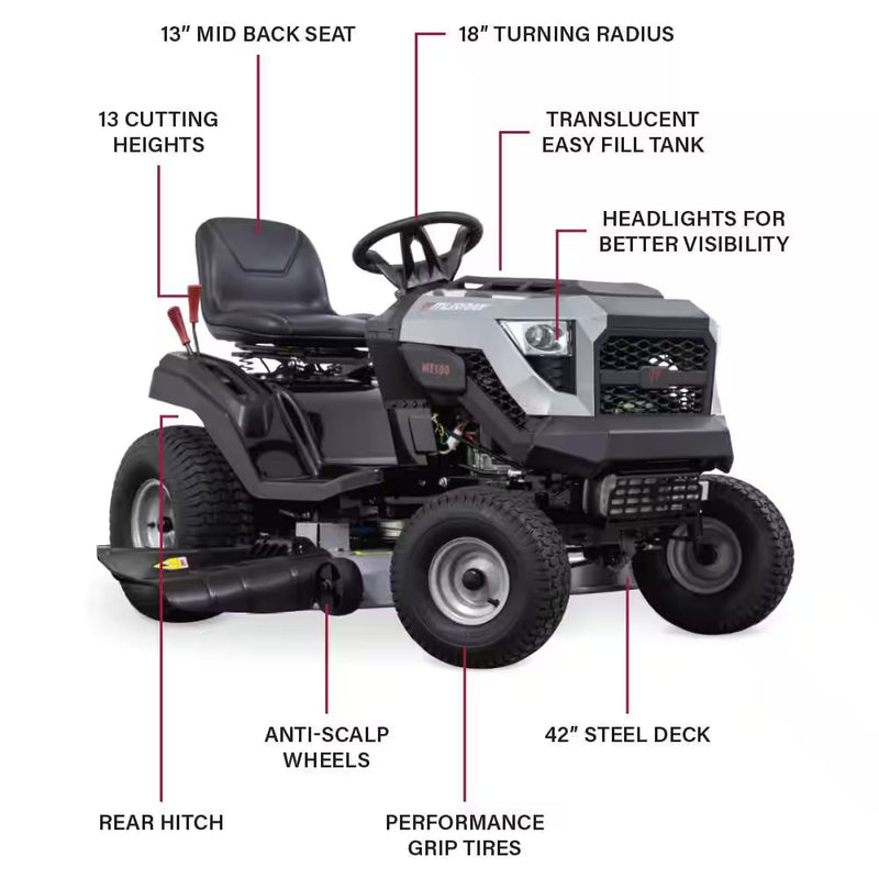MT100 42 In. 13.5 HP 500Cc E1350 Series Briggs and Stratton Engine 6-Speed Manual Gas Riding Lawn Tractor Mower